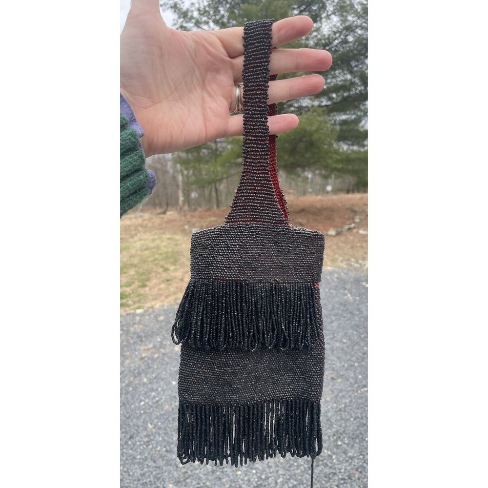 Antique - Vintage Early 20th C. Black Beaded Flapper Art Deco Glass Purse Bag